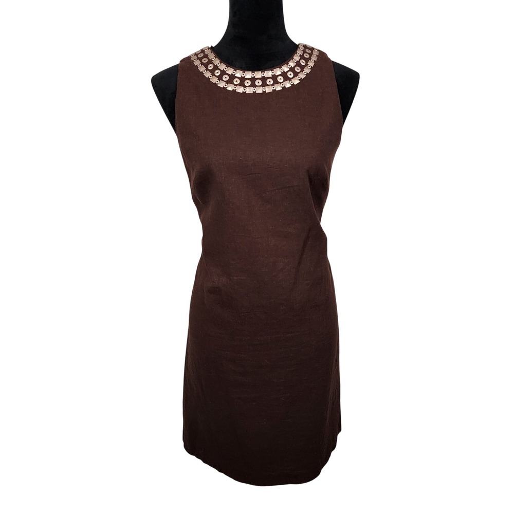 NEW DIRECTIONS Size 10 Brown Linen Blend Embellished Round Neck Sheath Dress EUC